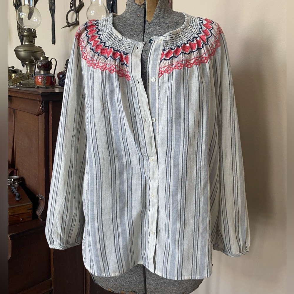 New Lucky Brand Floral Stripes Button Linen Top Peasant Blouse Shirt